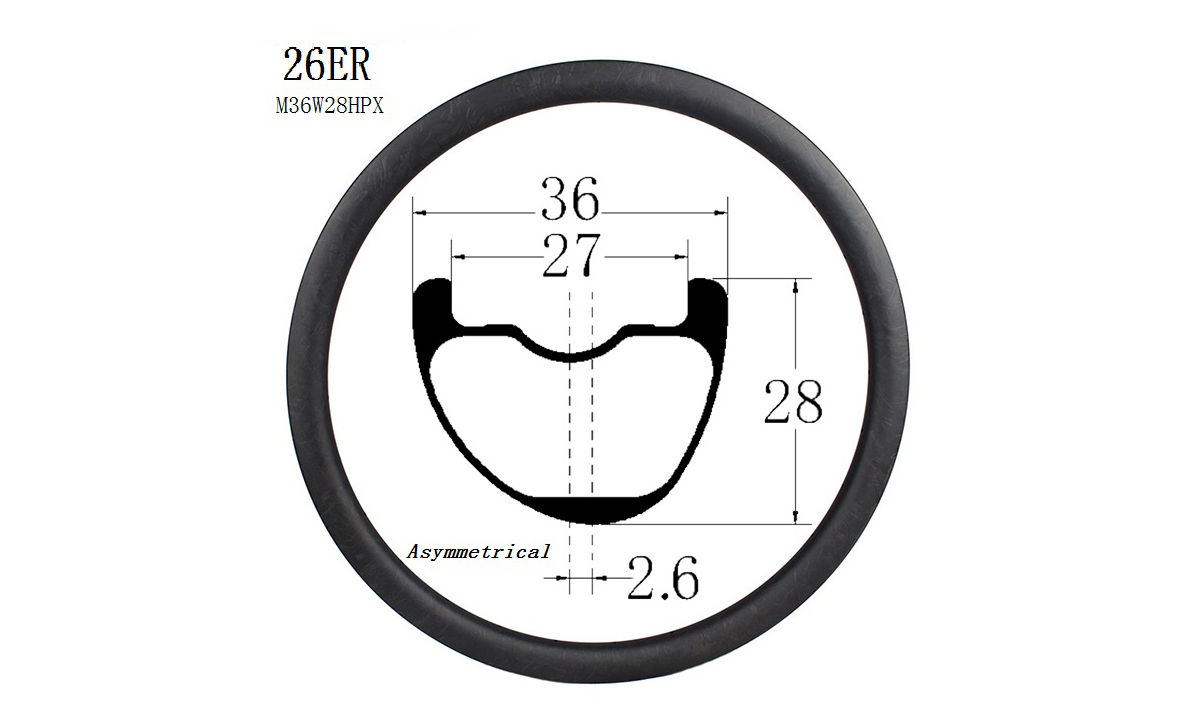 26er Asymmetrical down hill DH carbon fiber mountain bike rims MTB carbon rim M36W28H